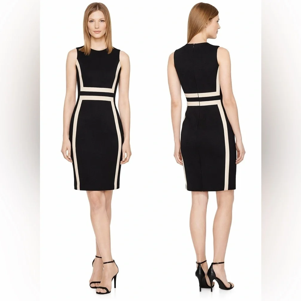 NWT CALVIN KLEIN Women’s Scuba Sleeveless Colorblock Sheath Dress Black Size 4P